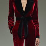 【24-hour shipping out】Retro Fashion Lapel Belt Different Color Velvet Stitching Jumpsuit