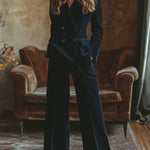 【24-hour shipping out】Retro Fashion Navy Lapel Corduroy Double-breasted Blazer and Wide-leg Pants Two-piece Set