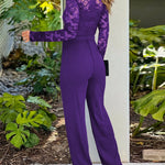 Metal Decor Scallop Trim V-Neck Lace Overlay Jumpsuit Casual Lace Long Sleeve Zipper Back Jumpsuit