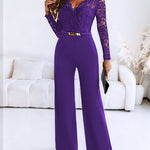 Metal Decor Scallop Trim V-Neck Lace Overlay Jumpsuit Casual Lace Long Sleeve Zipper Back Jumpsuit