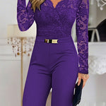 Metal Decor Scallop Trim V-Neck Lace Overlay Jumpsuit Casual Lace Long Sleeve Zipper Back Jumpsuit