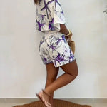 Starfish & Seashell Print Overlap V Neck Half Sleeve Wrap Knot Side Romper Casual Stretchy Back Waist Vacation Romper