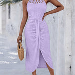 Halter Tie Criss Cross Front Ruched Knit Jacquard Textured Slit Dress Casual Hollow-out Draped Vacation Dress
