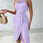 Halter Tie Criss Cross Front Ruched Knit Jacquard Textured Slit Dress Casual Hollow-out Draped Vacation Dress