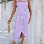 Halter Tie Criss Cross Front Ruched Knit Jacquard Textured Slit Dress Casual Hollow-out Draped Vacation Dress