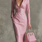 Elegant And Gentle Pink Faux Leather Midi Dress