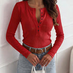 Women's Ribbed Henley Long Sleeve Top Slim Fit Base Layer Tee