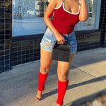 Women's Contrast Binding Camisole Rib-Knit Slim Fit Tank Top Sexy Cami with Metal Buckle Straps