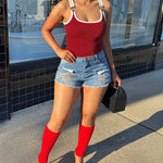 Women's Contrast Binding Camisole Rib-Knit Slim Fit Tank Top Sexy Cami with Metal Buckle Straps