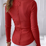 Women's Ribbed Henley Long Sleeve Top Slim Fit Base Layer Tee