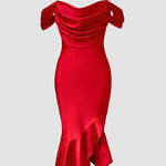 Women's Cold Shoulder Adjustable Pearls Straps Bodycon Dress Cowl Neck Asymmetrical Ruffle Hem Party Dress