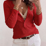 Women's Ribbed Henley Long Sleeve Top Slim Fit Base Layer Tee