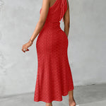 Halter Tie Criss Cross Front Ruched Knit Jacquard Textured Slit Dress Casual Hollow-out Draped Vacation Dress