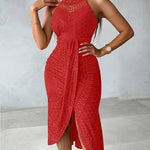 Adjustable Halter Hollow-out Back Ruched Front Slit Dress Guipure Lace Yoke Eyelet Embroidery Vacation Dress