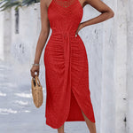 Adjustable Halter Hollow-out Back Ruched Front Slit Dress Guipure Lace Yoke Eyelet Embroidery Vacation Dress