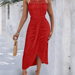 Halter Tie Criss Cross Front Ruched Knit Jacquard Textured Slit Dress Casual Hollow-out Draped Vacation Dress