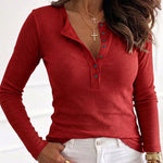 Women's Ribbed Henley Long Sleeve Top Slim Fit Base Layer Tee