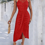 Adjustable Halter Hollow-out Back Ruched Front Slit Dress Guipure Lace Yoke Eyelet Embroidery Vacation Dress