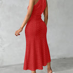Adjustable Halter Hollow-out Back Ruched Front Slit Dress Guipure Lace Yoke Eyelet Embroidery Vacation Dress