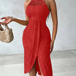 Halter Tie Criss Cross Front Ruched Knit Jacquard Textured Slit Dress Casual Hollow-out Draped Vacation Dress