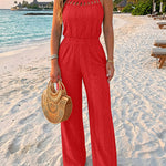 CHICME Women's Halter Tie Knit Jacquard Jumpsuit Hollow-Out Criss-Cross Front Shirred Wide-Leg Overalls