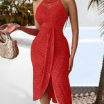 Adjustable Halter Hollow-out Back Ruched Front Slit Dress Guipure Lace Yoke Eyelet Embroidery Vacation Dress