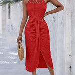 Halter Tie Criss Cross Front Ruched Knit Jacquard Textured Slit Dress Casual Hollow-out Draped Vacation Dress