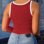 Women's Contrast Binding Camisole Rib-Knit Slim Fit Tank Top Sexy Cami with Metal Buckle Straps