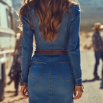 Fashion Casual Button Denim Blue Long Sleeve Raw Edge Mini Dress