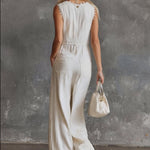 Elegant Vintage Western V-neck Front Buttons Lace Trim White Cotton Jumpsuit