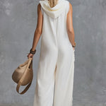 Vintage Casual Western Hooded V-neck Front Zip Lace Trim White Cotton Jumpsuit
