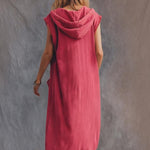 Vintage Casual Sporty Hooded V-neck Front Zip Lace Trim Sleeveless Raspberry Red Cotton Maxi Dress