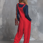 Retro Bohemian Style Color-blocked Cotton And Linen Top And Overalls Set
