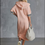 Casual Fashion Sporty Hooded Front Zipper Short-sleeved Cherry Blossom Pink Cotton Midi Dress