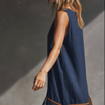 Casual Vacation V-Neck Front Buttons Lace Hem Dark Blue Cotton-Linen Mini Dress