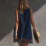 Casual Vacation V-Neck Front Buttons Lace Hem Dark Blue Cotton-Linen Mini Dress