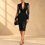 Seraphina | Black tuxedo midi dress with lace sleeves