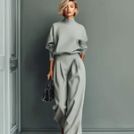 Women's Grey Blended Sweatshirt Wide-Leg Pants Set