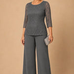 Beaded Lace Wide-Leg Pant Suit with 3/4 Sleeves