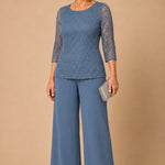 Beaded Lace Wide-Leg Pant Suit with 3/4 Sleeves