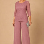 Beaded Lace Wide-Leg Pant Suit with 3/4 Sleeves