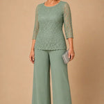 Beaded Lace Wide-Leg Pant Suit with 3/4 Sleeves