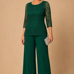 Beaded Lace Wide-Leg Pant Suit with 3/4 Sleeves