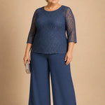 Beaded Lace Wide-Leg Pant Suit with 3/4 Sleeves