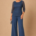 Beaded Lace Wide-Leg Pant Suit with 3/4 Sleeves
