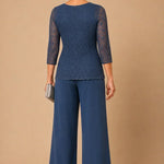 Beaded Lace Wide-Leg Pant Suit with 3/4 Sleeves