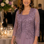 Elegant Lace Chiffon Midi Wedding Guest Dress with Jacket