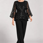 Sheer Bell Sleeve Embellished Evening Pant Set