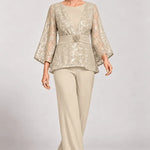 Sheer Bell Sleeve Embellished Evening Pant Set