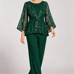 Sheer Bell Sleeve Embellished Evening Pant Set